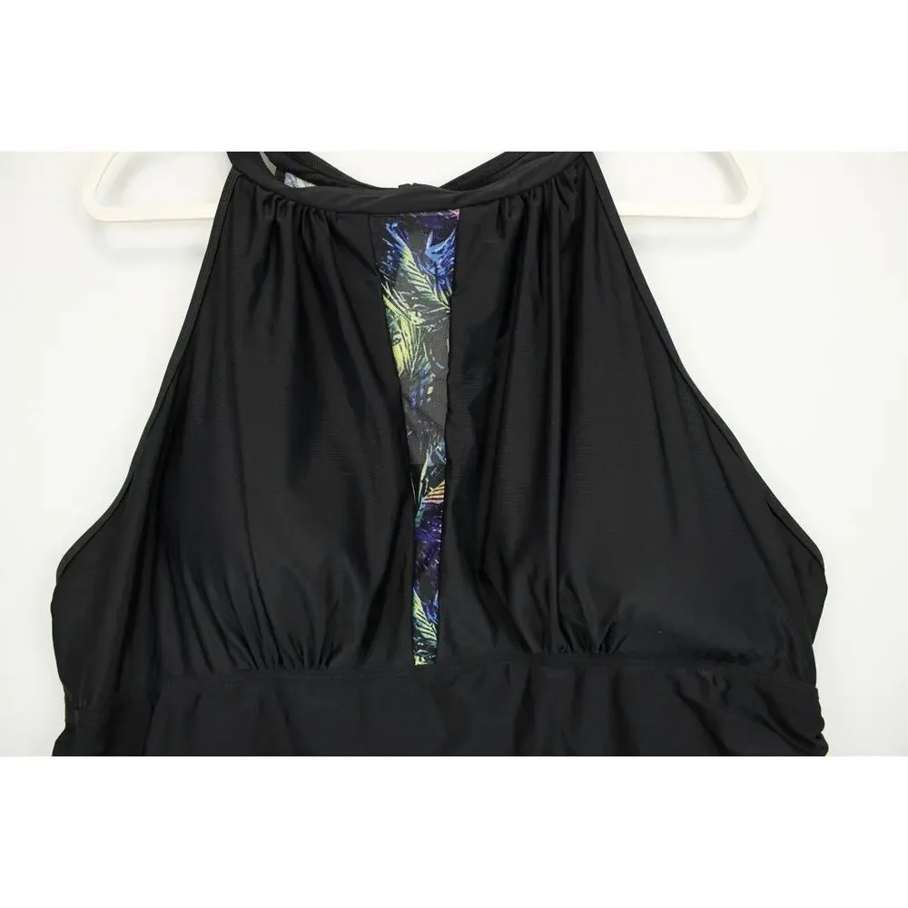 Bloomchic Swim Dress Halter Sheer Skirt‎ Women 28 Black Floral Swimwear